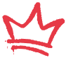 Red hand-drawn crown with three peaks and two curved lines underneath.