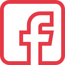 Red Facebook logo inside a rounded square outline.