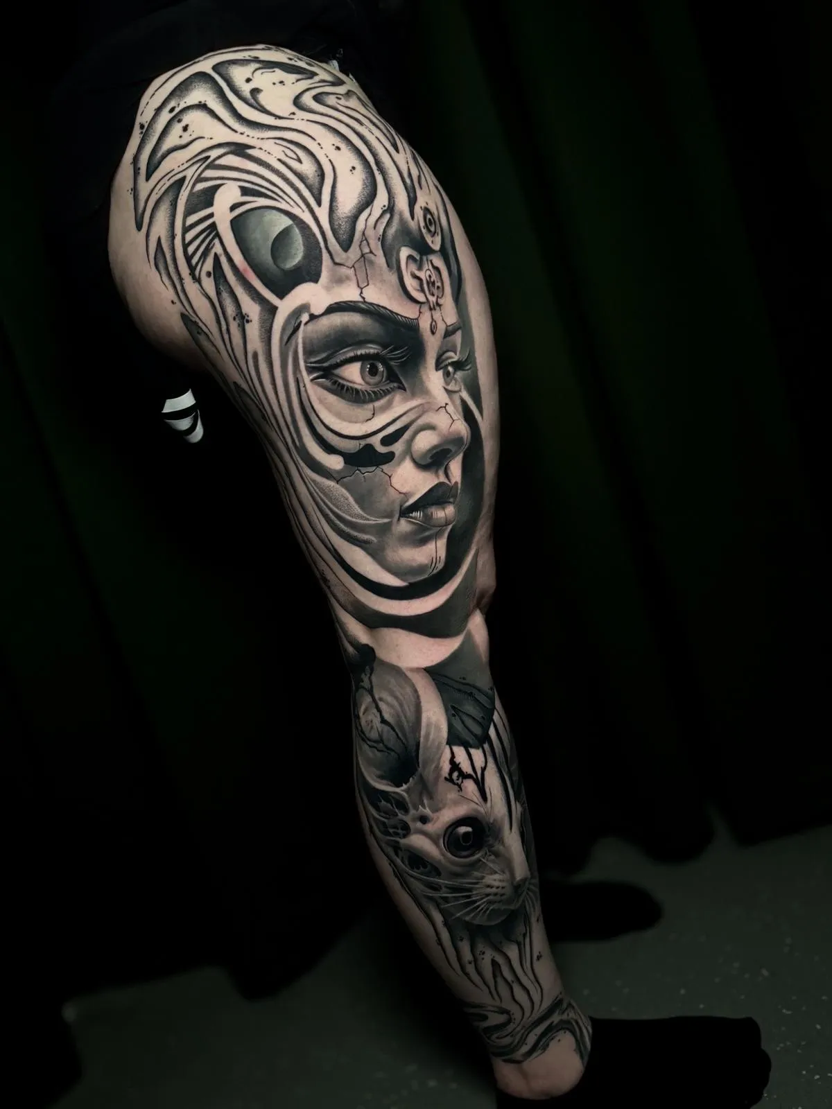 Detailed black and gray tattoo sleeve featuring a stylized woman's face and a realistic mouse on the lower arm.